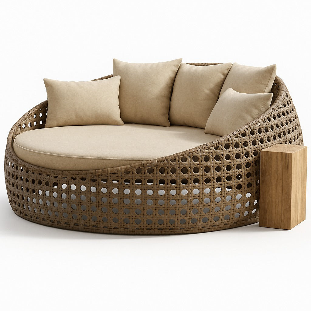 Camastro redondo de exterior tipo nido, con estructura tejida y cojines beige, ideal para jardín o área de alberca