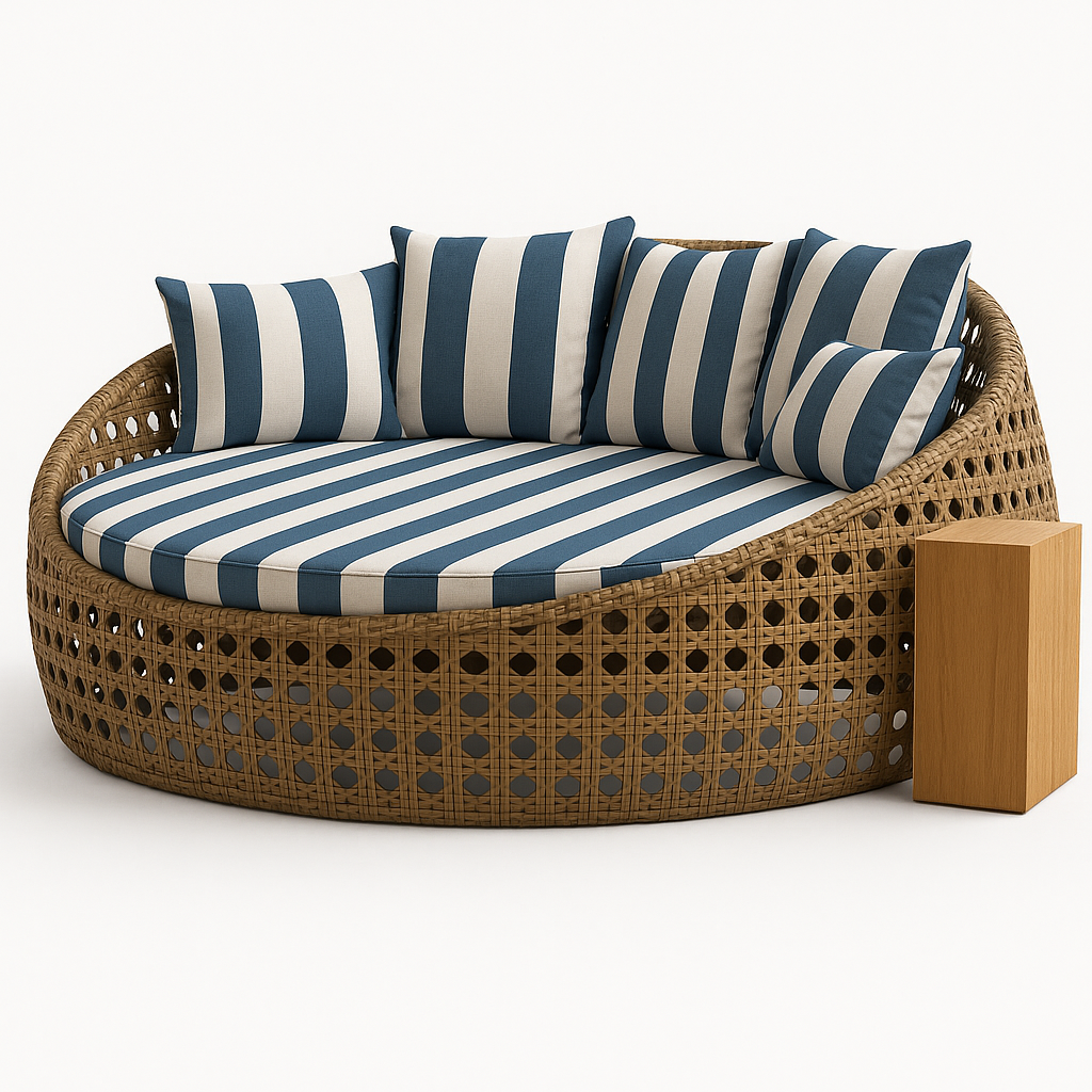 Camastro redondo de exterior tipo nido, con estructura tejida y cojines beige, ideal para jardín o área de alberca