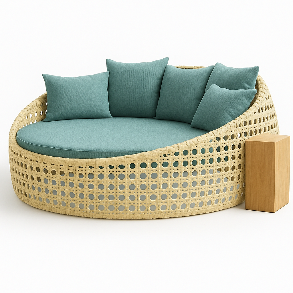 Camastro redondo de exterior tipo nido, con estructura tejida y cojines beige, ideal para jardín o área de alberca