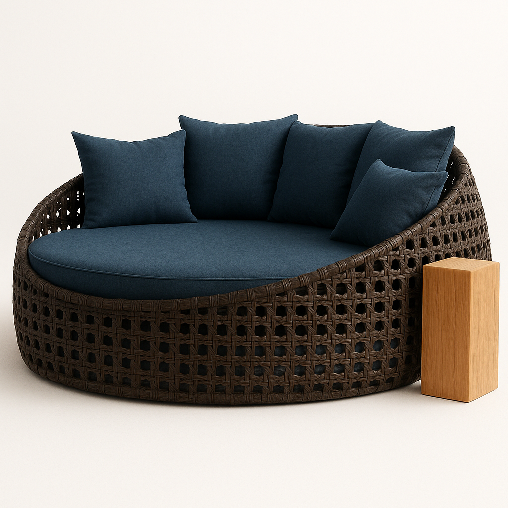 Camastro redondo de exterior tipo nido, con estructura tejida y cojines beige, ideal para jardín o área de alberca