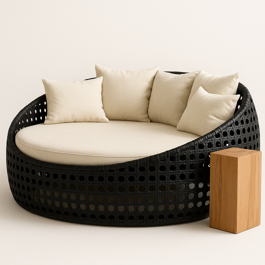 Camastro redondo de exterior tipo nido, con estructura tejida y cojines beige, ideal para jardín o área de alberca