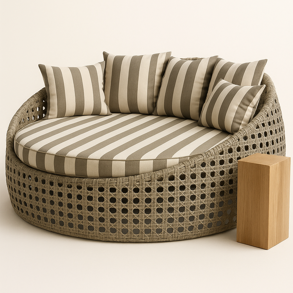 Camastro redondo de exterior tipo nido, con estructura tejida y cojines beige, ideal para jardín o área de alberca