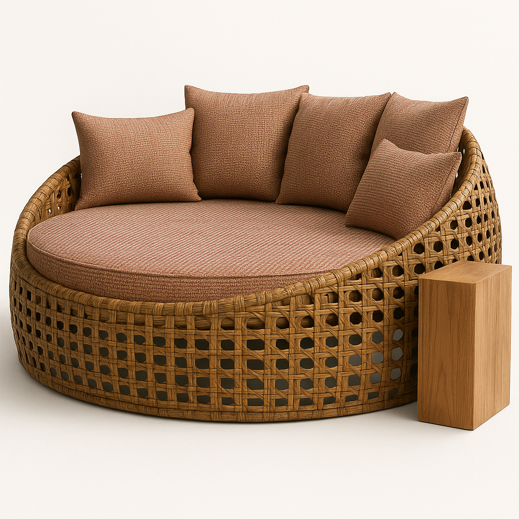 Camastro redondo de exterior tipo nido, con estructura tejida y cojines beige, ideal para jardín o área de alberca