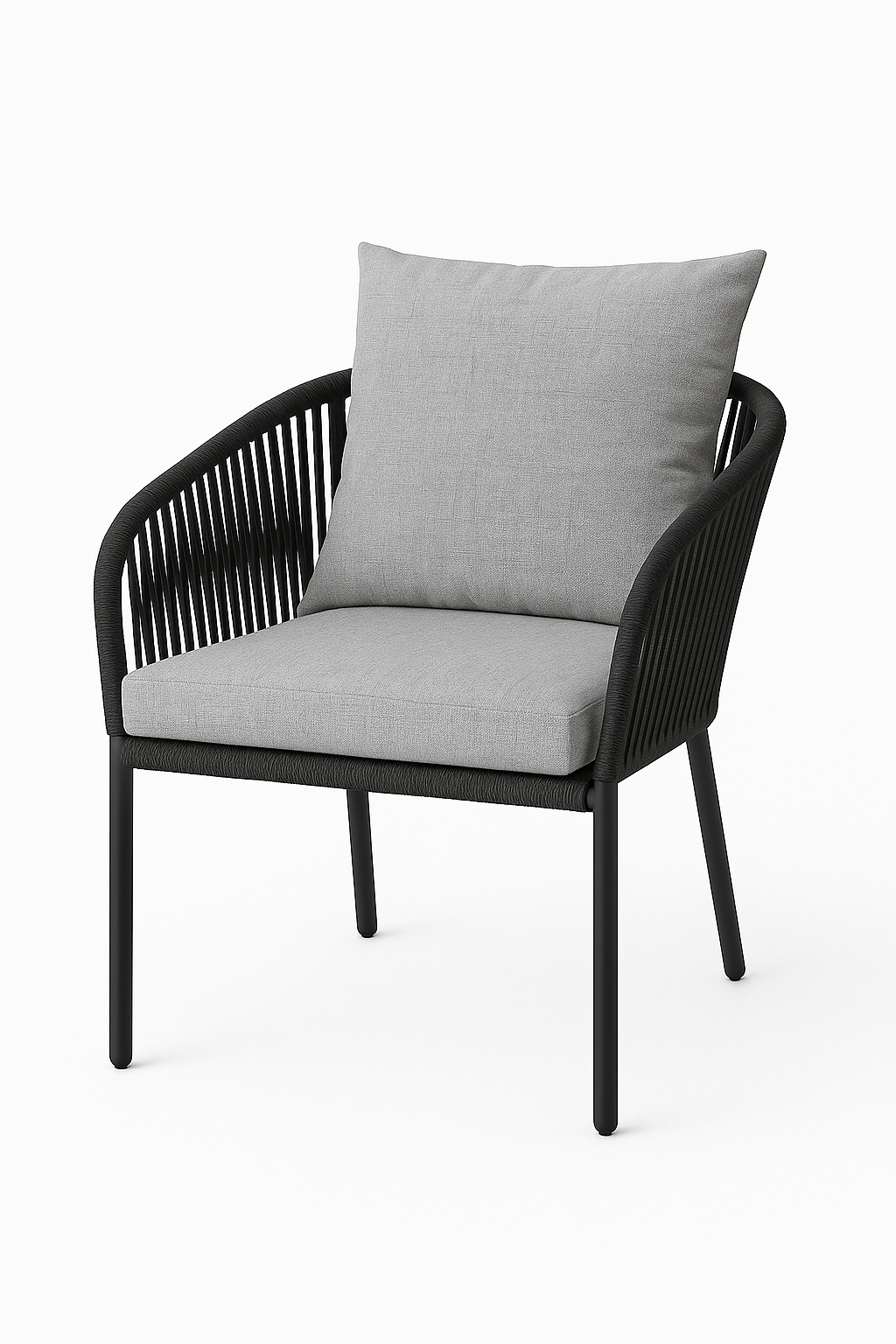 Silla de exterior Esencial con estructura metálica oscura, respaldo tejido tipo cuerda y cojín claro, ideal para comedor o terraza