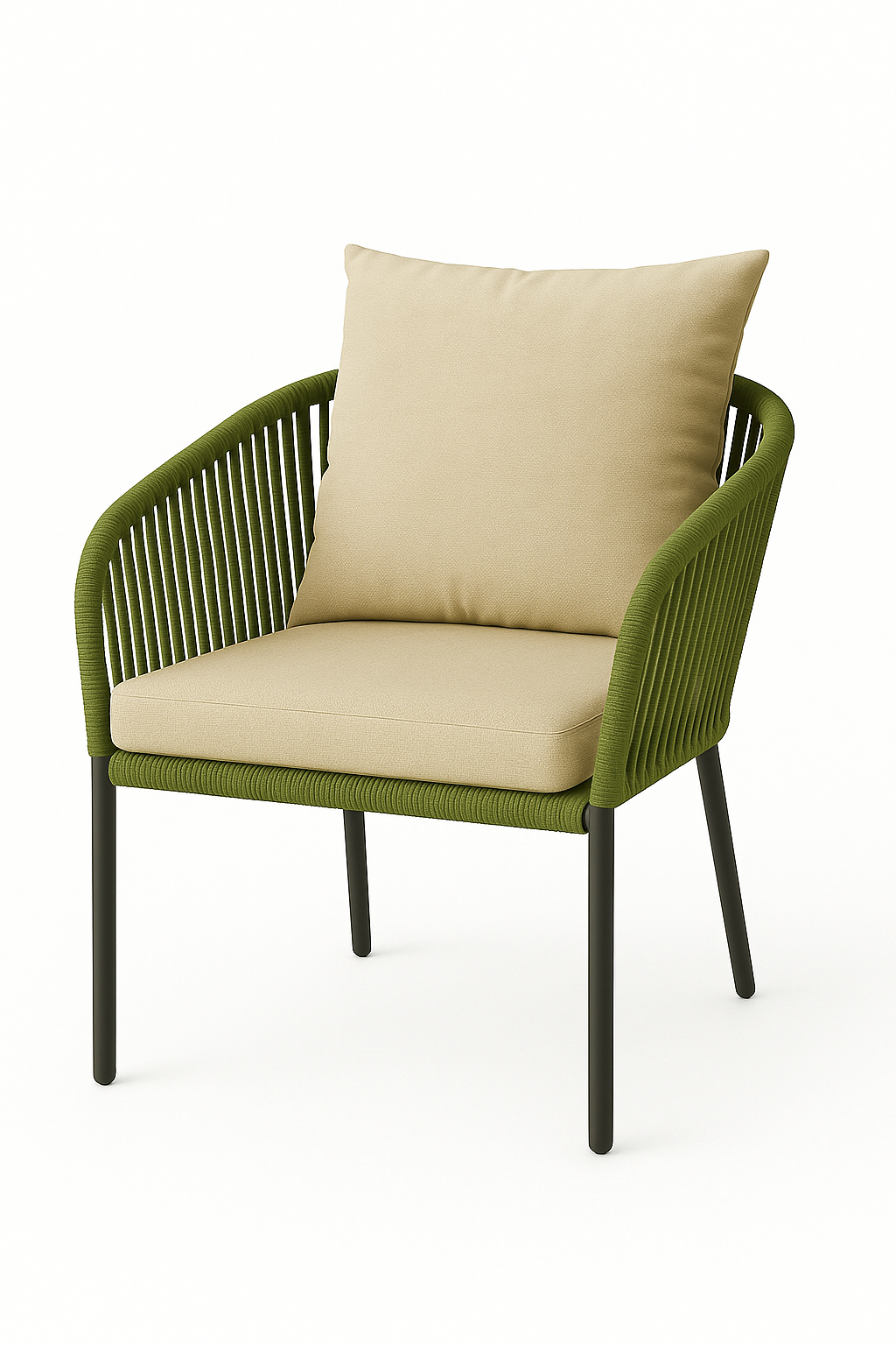 Silla de exterior Esencial con estructura metálica oscura, respaldo tejido tipo cuerda y cojín claro, ideal para comedor o terraza