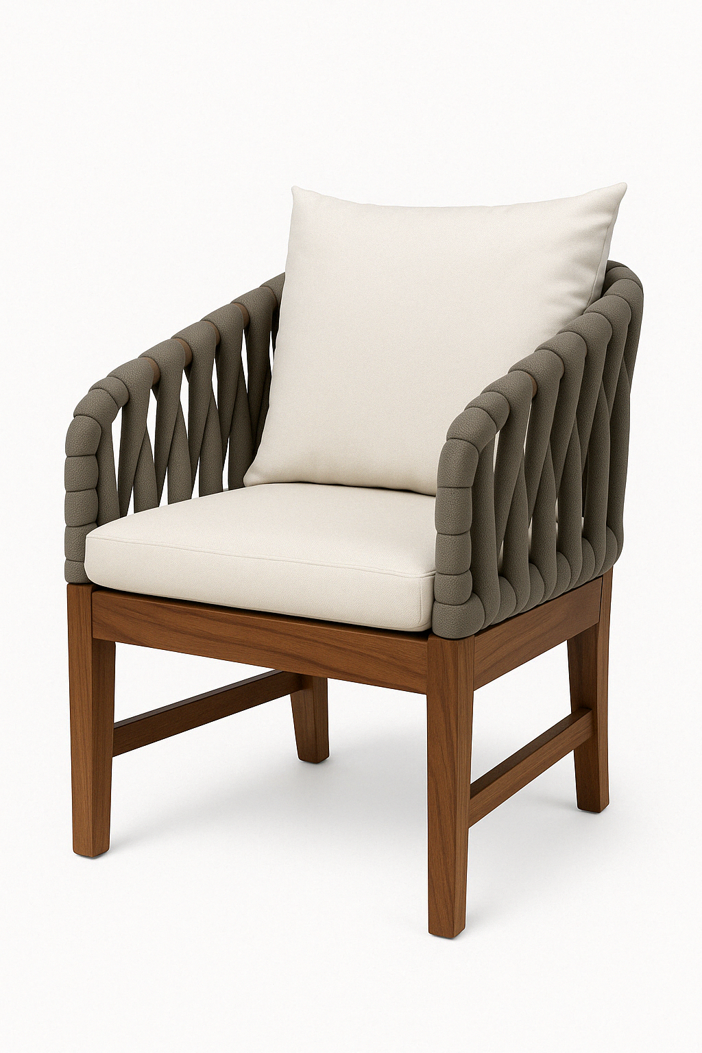 Silla de exterior Textura Serena con estructura de madera y tejido tipo cuerda en tono gris, cojín claro, ideal para comedor o terraza