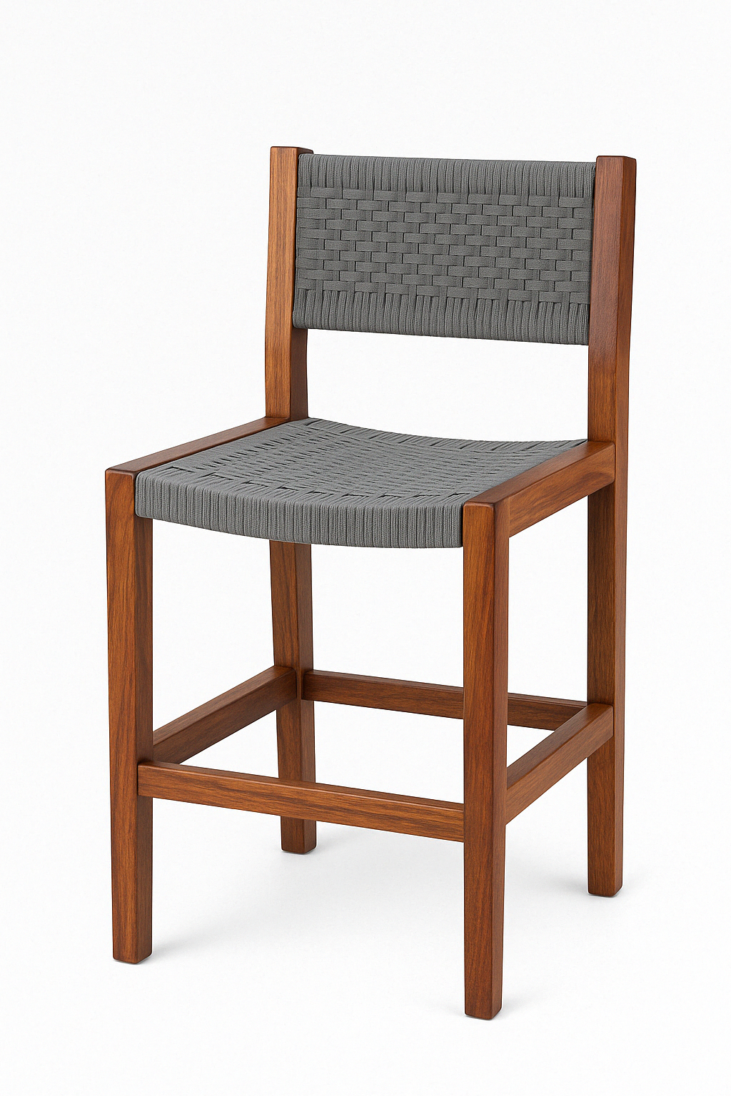 Taburete de terraza trenzado para exterior con estructura de madera y asiento tejido gris, ideal para barra y espacios al aire libre