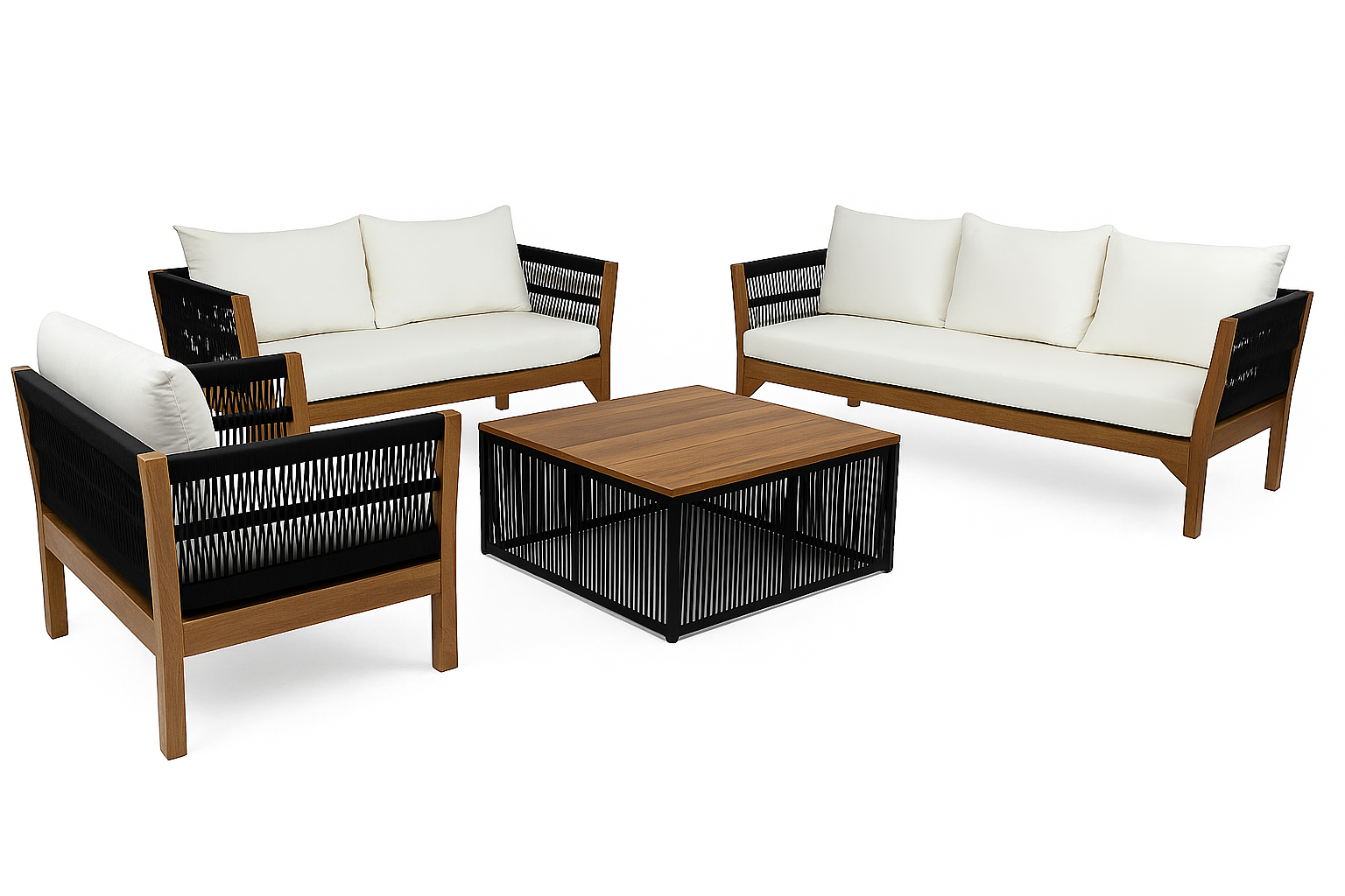 Sala de jardín de exterior Bravéa con sofá, sillones y mesa de centro, estructura de madera y tejido oscuro con cojines claros