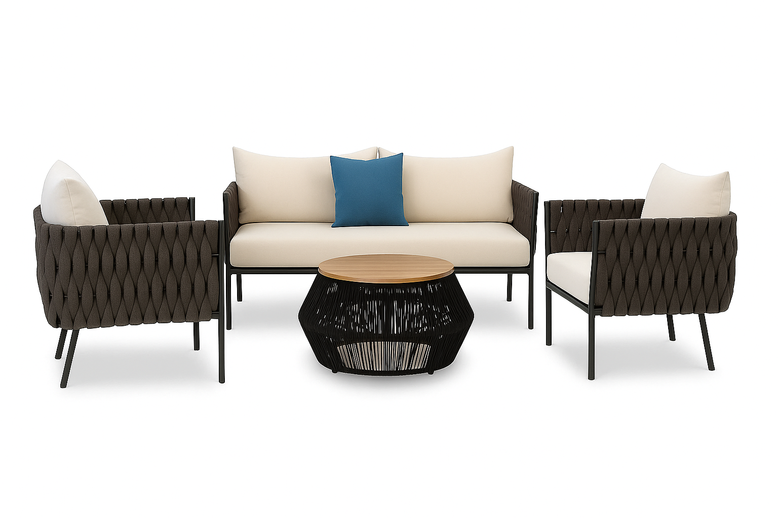 Sala de jardín de exterior Lunera con sofá, sillones y mesa de centro, estructura resistente y cojines claros, ideal para terrazas