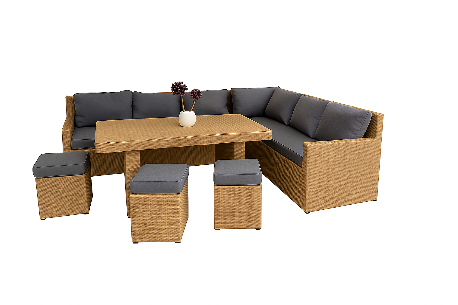 Sala de jardín comedor de exterior Oasis Dorado con mesa rectangular, sofá en esquina y asientos, estructura en tono natural y cojines oscuros