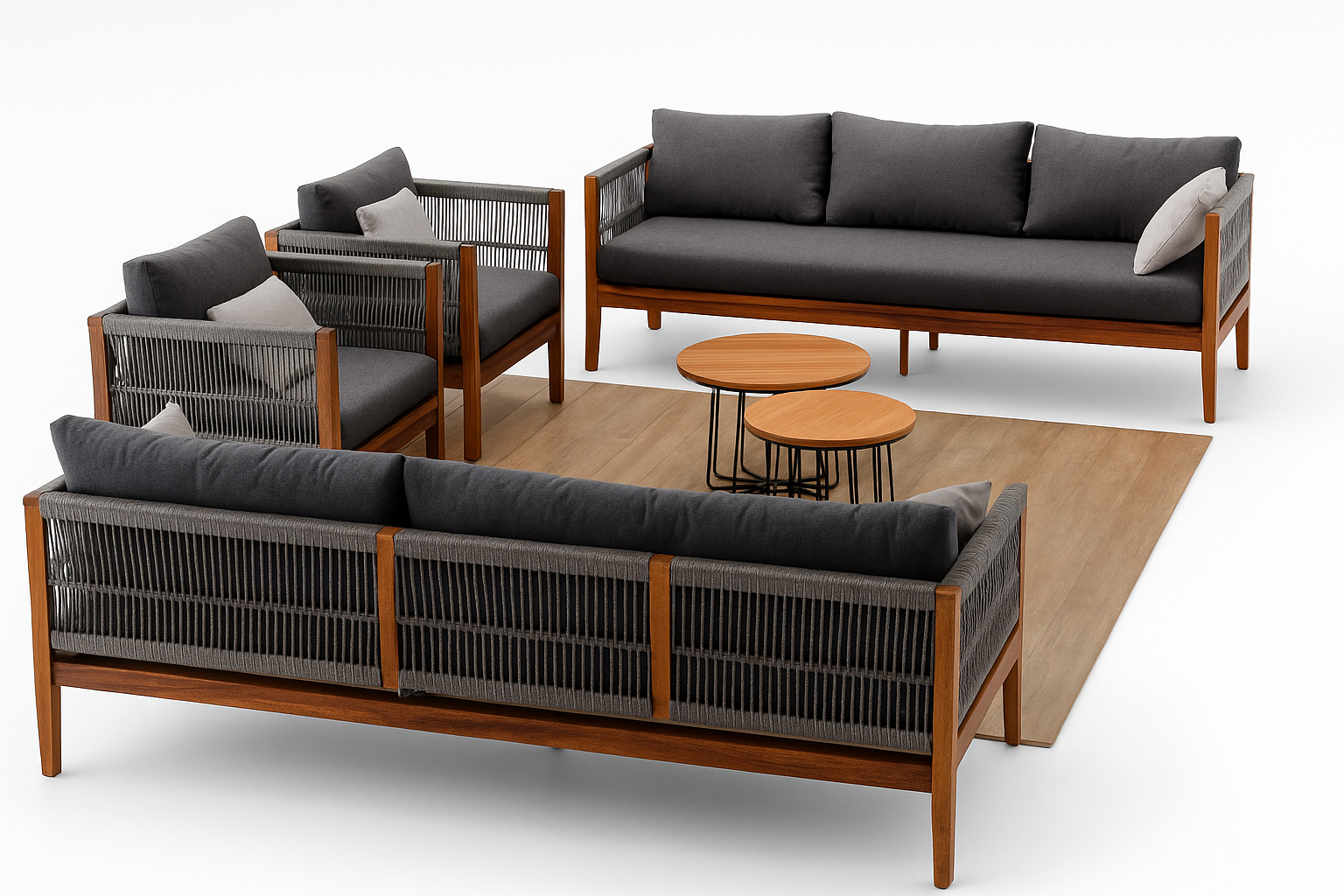 Sala de jardín de exterior Trenza con sofás y sillones, estructura de madera con tejido tipo cuerda y cojines oscuros, mesas auxiliares redondas