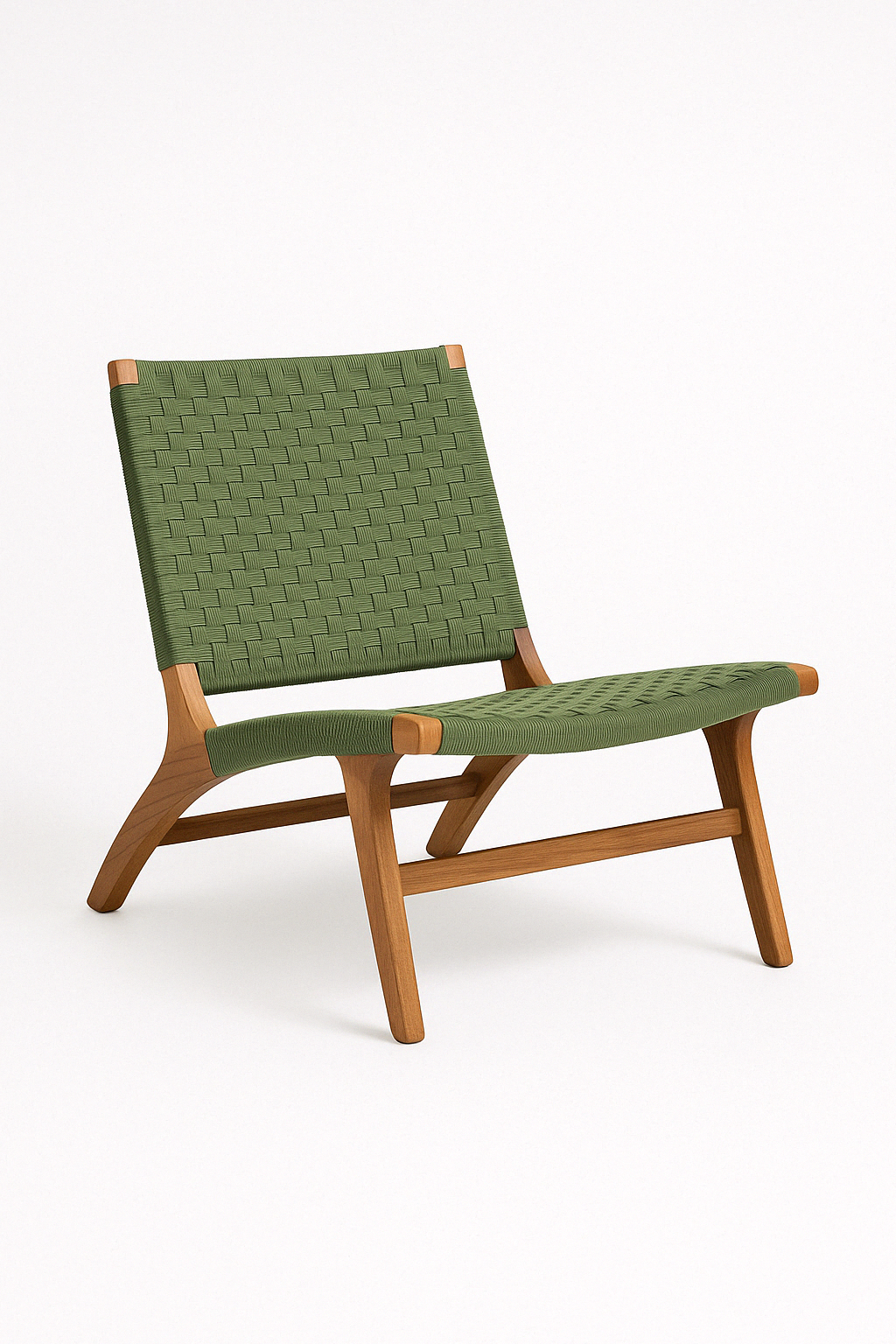 Silla lounge de terraza Alerón para exterior con estructura de madera y tejido verde, diseño bajo ideal para espacios al aire libre