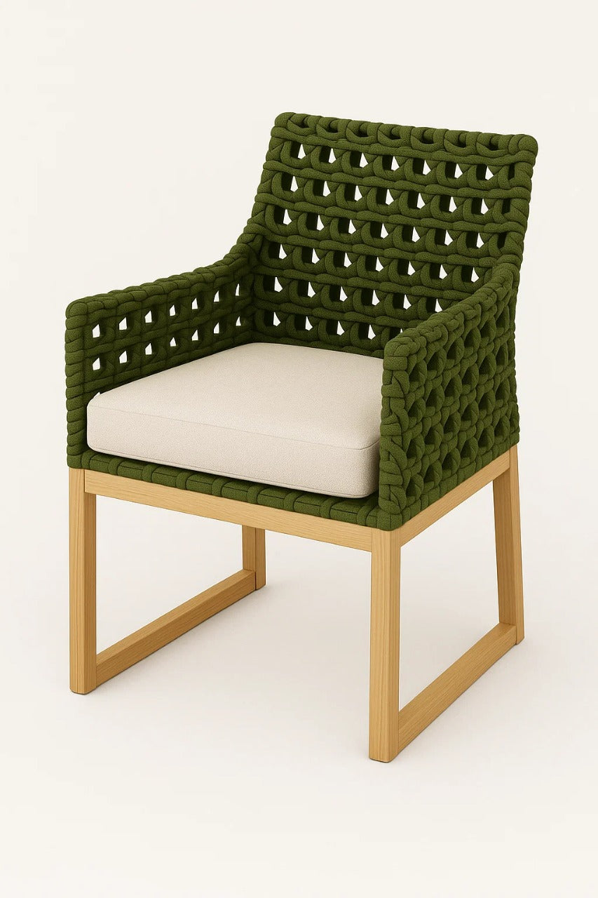 Silla de terraza Prisma Tejido para exterior con estructura tipo madera, tejido negro tipo cuerda y cojín negro, ideal para espacios al aire libre