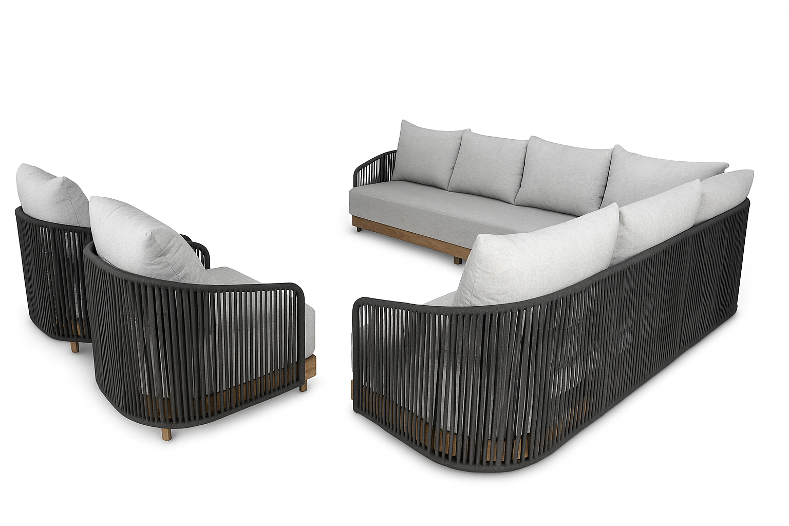 Sala de jardín de exterior Serpentina Ébano con sofá y sillones, estructura oscura tipo cuerda y cojines claros, diseño contemporáneo